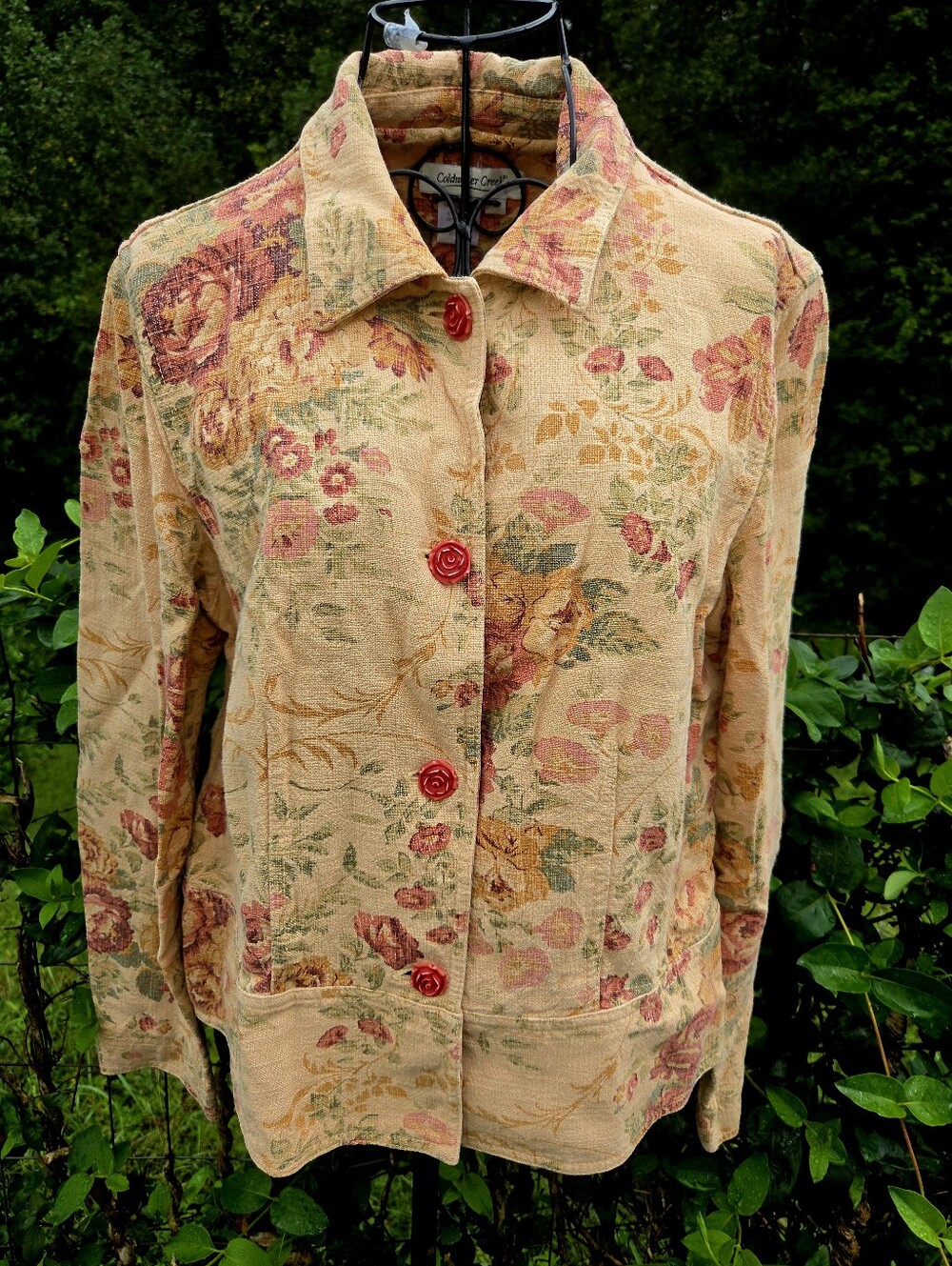 Coldwater Creek Floral Linen Blend Jacket Red Rose Buttons Fall Cottagecore M